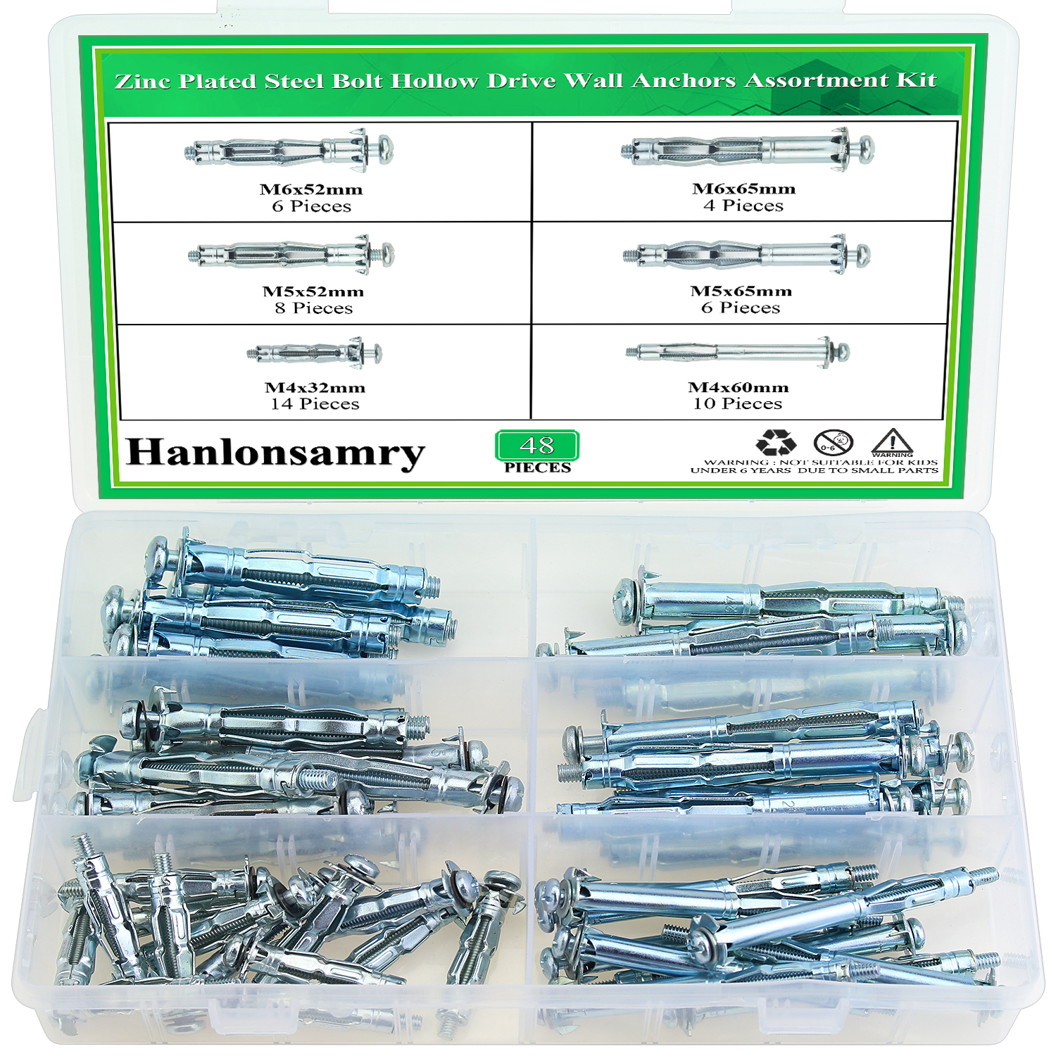 Hanlonsamry 48 Pieces 6 Sizes Heavy Duty Zinc Plated Steel Molly Bolt Hollow Drive Wall Anchor Assortment Kit for Drywall